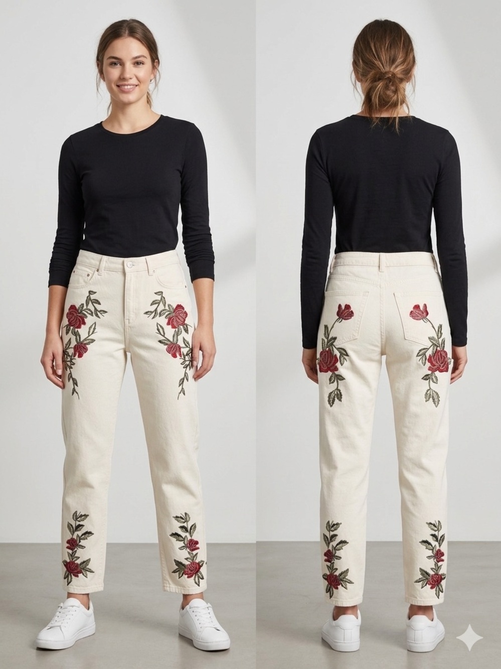 Topshop Cream Straight-Leg Jeans with Red Rose Embroidery